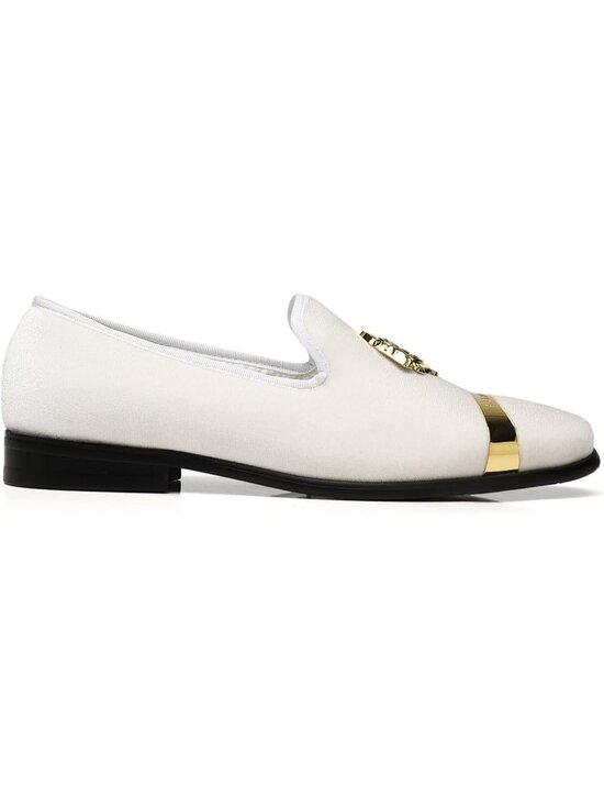ELANROMAN Men\'s White Velvet Loafers Dress Gold Buckle Wedding Party Prom Shoes